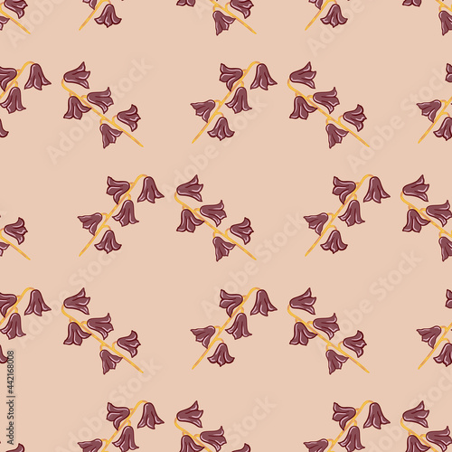 Vintage style seamless pattern with pink geometric ornate bell flowers elements. Pink pastel background.