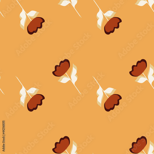 Minimalistic style doodle seamless pattern with red flower elements. Orange pastel background. photo