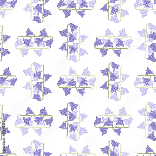 Decorative seamless pattern with blue abstract bell flower silhouettes ornament. Isolated print. White background.