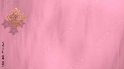 Liturgical rose pink velvet, golden Christian Coptic Orthodox Cross. 3D illustration copy space loop background for worship live stream church sermon. Concept of Advent, Gaudete, and Laetare Sunday.