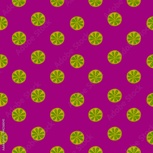 Bright seamless pattern with green simple lime slices ornament. Pink background. Natural print.