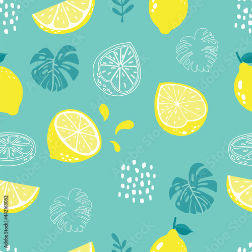 summer seamless pattern with lemon and palm on green background