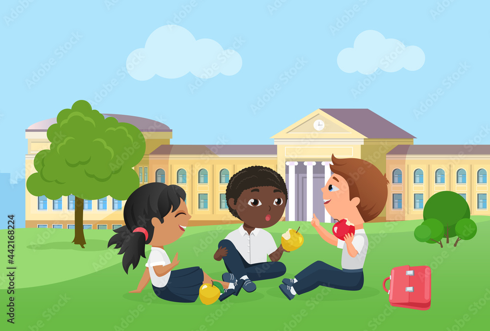 Happy children spend fun time together after school lessons vector illustration. Cartoon girl boy child characters sitting on picnic on lawn in front of school building, students talking background