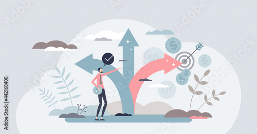 Market opportunity as successful business vision and goal tiny person concept. Various paths and strategy options with one best direction for profit, money and target achievement vector illustration.