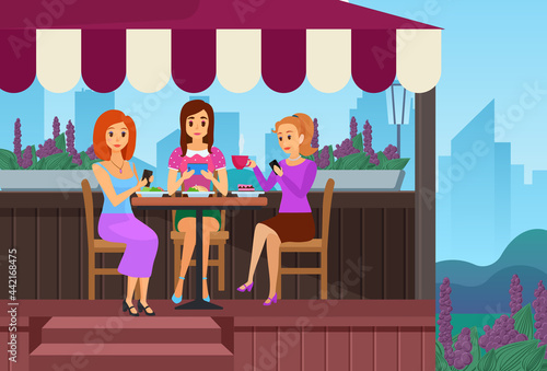People friends eat in cafe vector illustration. Cartoon girls characters sitting in street outdoor cafe together, young woman eating, drinking coffee and taking selfies with mobile phone background