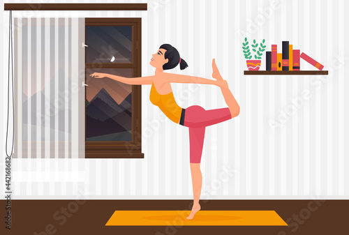Home yoga pilates, girl exercising on yoga mat vector illustration. Cartoon young sporty woman character stretching body, doing sports exercises in room interior, wellness healthy lifestyle background