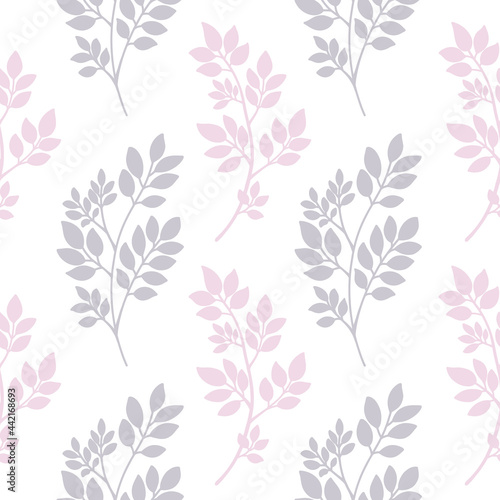 Pink and gray abstract tree branches seamless pattern. Plants silhouette, Twigs with Leaves. Floral vector texture, background for design textile print, scrapbooking, invitation, wrapping, gift paper