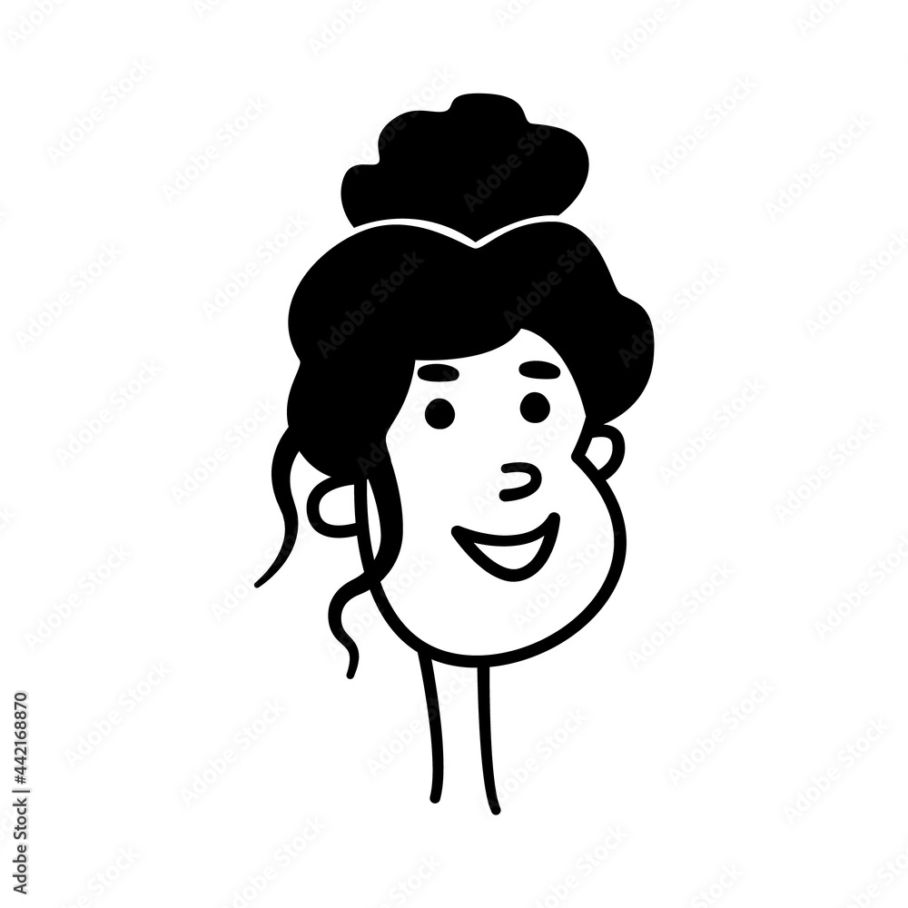 Simple minimal cartoon portrait of a young woman. Emotion of joy, happiness, pleasure on the girl's face. Black and white icon for profile image, avatar, sticker. Funny smiling human head. Clipart Simple minimal cartoon portrait of a young woman. Emotion of joy, happiness, pleasure on the girl's face. Black and white icon for profile image, avatar, sticker. Funny smiling human head. Clipart