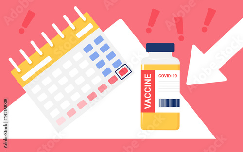 Planning coronavirus vaccine, time to vaccinate concept vector illustration. Cartoon vaccine bottle near vaccination planner calendar, visit doctor in hospital for virus disease prevention background