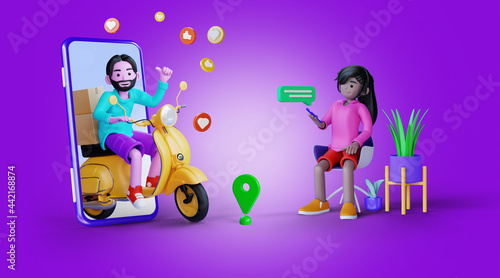 3d online delivery from mobile to your home with super fast bike illustration photo