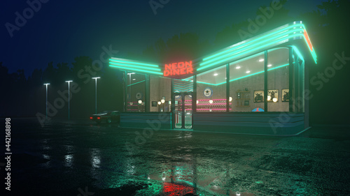 Neon diner and retro car late at night. Fog, rain and colour reflections on asphalt. 3d illustration