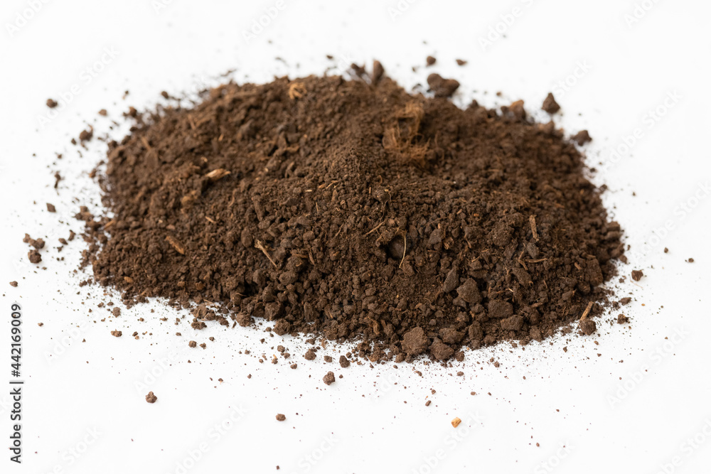 A pile of black dark brown peat, a natural fertilizer formed from particles of dead bog plants. Loose sedimentary rock that is used as a combustible mineral on a white background A pile of black dark brown peat, a natural fertilizer formed from particles of dead bog plants. Loose sedimentary rock that is used as a combustible mineral on a white background