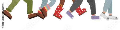 Many human feet walk in the crowd. Wide banner with children's shoes. Funny colored flat illustration for banner, poster, advertising design. Clipart for walking animation. Queue bottom view. Running