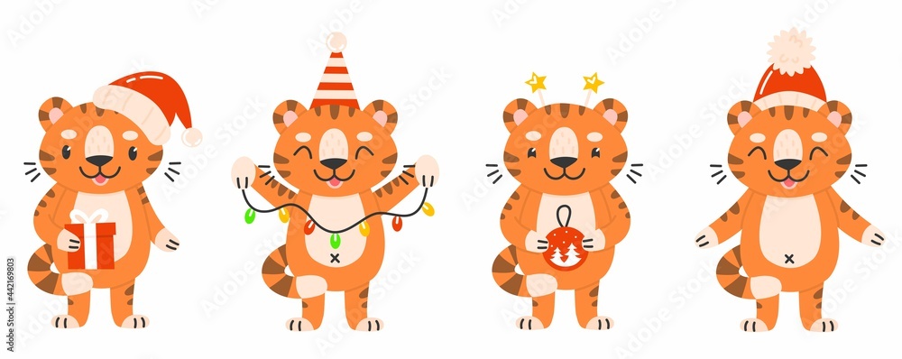 Tiger character new year set. Cute tiger cubs in a cartoon style in Christmas hats, with a garland. Collection of New Year animal characters. Vector illustration.
