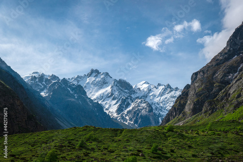 A chain of mountain peaks in the Bezengi Gorge of the Kabardino-Balkarian Natural Reserve