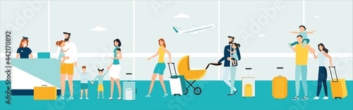 Travel. People at the airport fly on a journey. Summer rest. Family travel. Vacation with friends. Vector illustration.