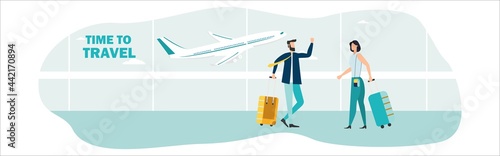 Travel. People at the airport fly on a journey. Summer rest. Family travel. Vacation with friends. Vector illustration.