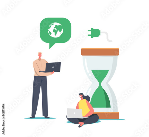 Tiny Business People at Huge Hourglass with Green Sand and Earth Globe. Refresh and Renew Concept, Restart Project