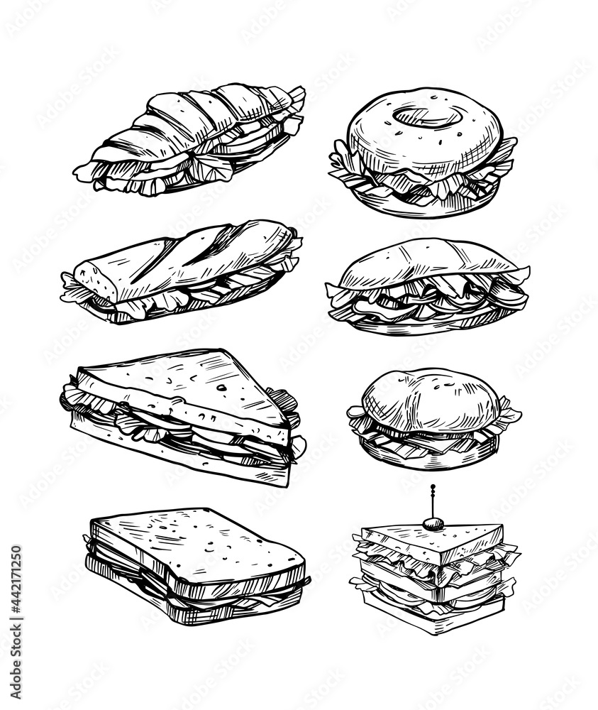 Set of  sandwiches filled with vegetables, cheese, meat, bacon. Vector illustration in sketch style. Fast food - obrazy, fototapety, plakaty 