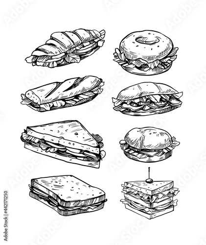 Set of  sandwiches filled with vegetables, cheese, meat, bacon. Vector illustration in sketch style. Fast food
