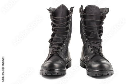 Obraz na plátne pair of new black lightweight military boots isolated on white background