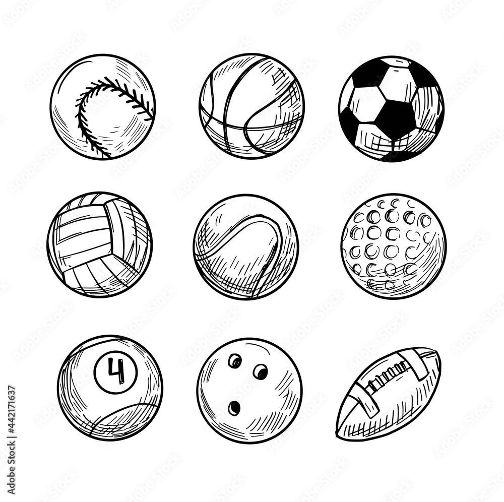 Fototapeta premium Sport balls, vector sketch illustration, black isolated outline