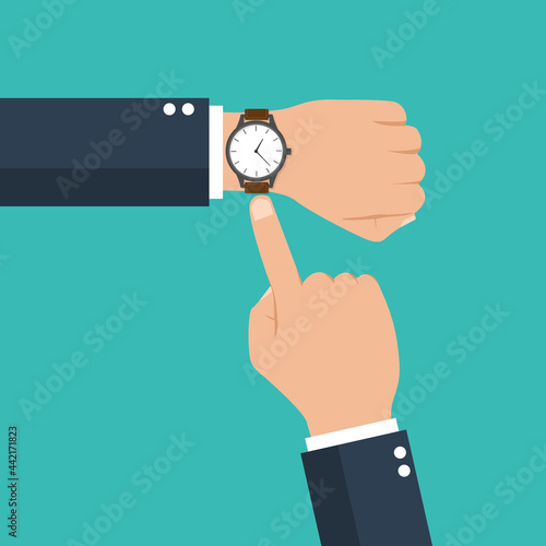 businessman hand with a watch on the wrist. business concept with checking time. time is money. symbol of deadline work. isolated on blue background. vector illustration modern flat design. photo