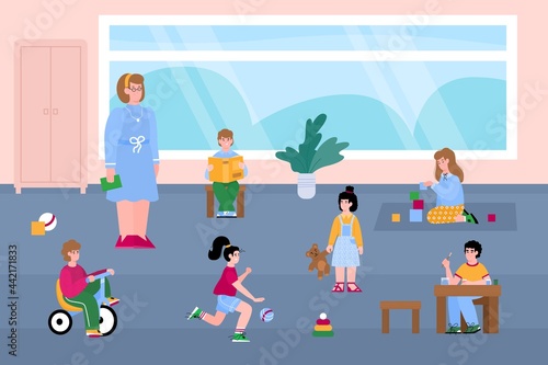 Kids girls and boys play with toys at kindergarten or playroom.