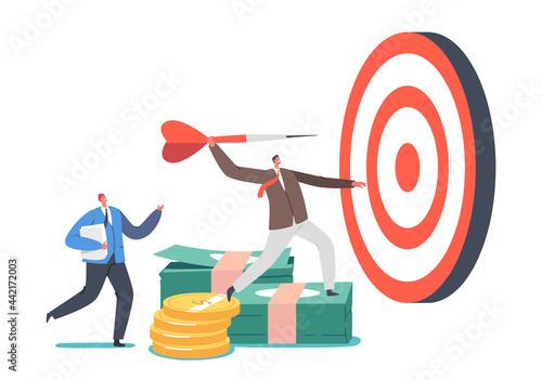 Business Goals Achievement Concept. Tiny Businessman Character Throw Darts to Huge Target. Aim Mission Challenge, Task