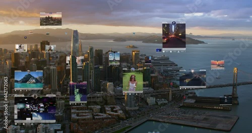 Connected aerial city with several interfaces. Futuristic concept. Augmented reality over San Francisco, United States.