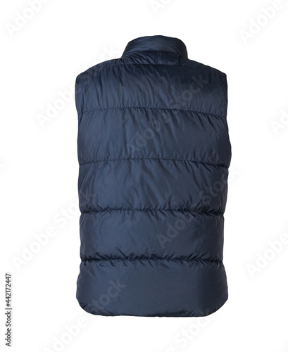 Dark blue sleeveless jacket isolated on white background.