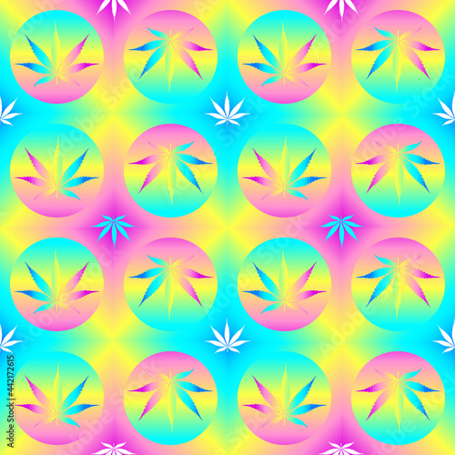 Seamless pattern with cannabis leaves. Patterns for T-shirts or packaging. Vivid psychedelic hallucinations. Vector, illustration