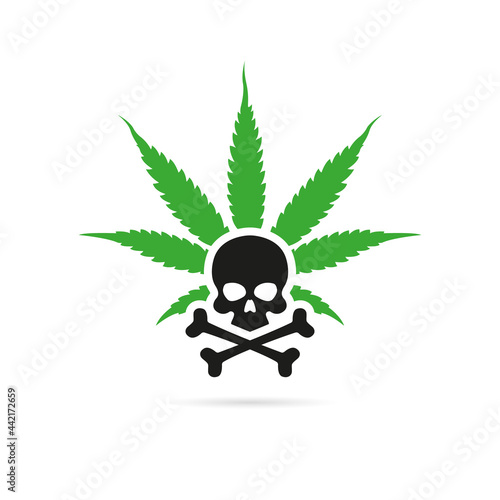 Green cannabis leaf with a skull. Logo or emblem concept. Vector, illustration