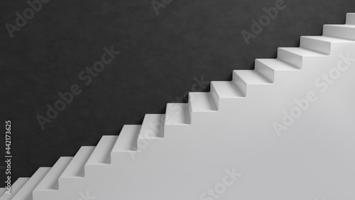 Ascending white stairs on black wall background. 3D rendered image.