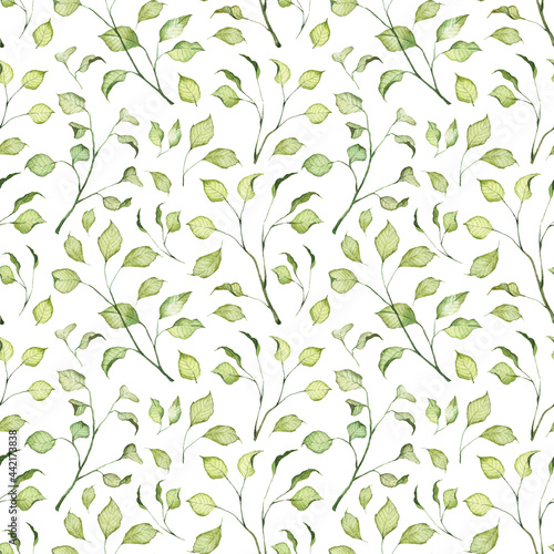 Seamless pattern with hand painted watercolor green leaves