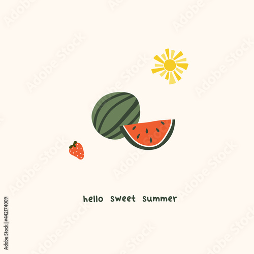 Cute summer watermelon slices and strawberry. Cozy hygge scandinavian style template for postcard, greeting card, t shirt design. Vector illustration in flat hand drawn cartoon style