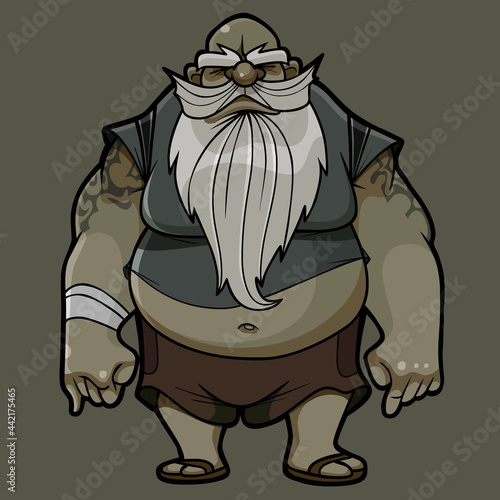cartoon gloomy bigbellied big man in tattoos stands frowning