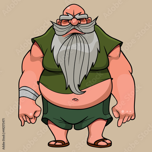 cartoon hefty potbellied bearded grandfather stands eyes closed photo