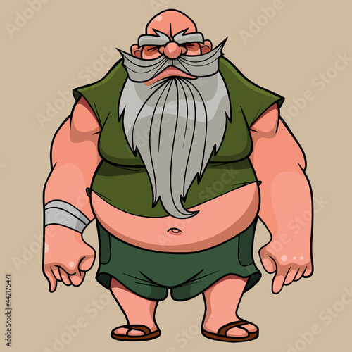 cartoon hefty potbellied bearded grandfather stands eyes closed
