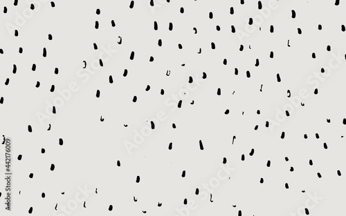 Randomly placed polka dots, hand drawn spots seamless vector pattern. Scattered big and small circles, points in various sizes. Background. Decorative black and white design tiles.