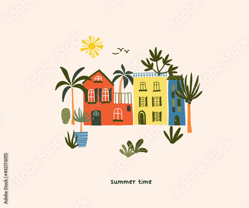 Cute summer house on beach with palm trees and sun. Cozy hygge scandinavian style template for postcard, greeting card, t shirt design. Vector illustration in flat hand drawn cartoon style
