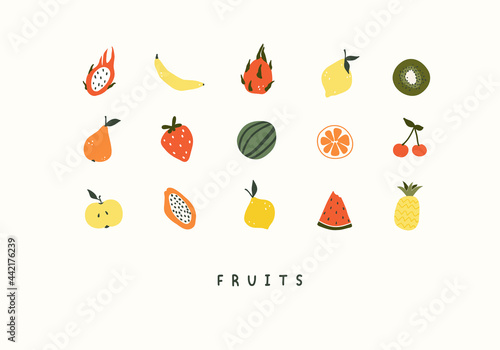 Cute set of summer fruits pineapple, watermelon, papaya, lemon. Cozy hygge scandinavian style template for postcard, greeting card, t shirt design. Vector illustration in flat hand drawn cartoon style