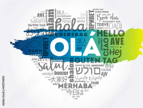 OLA (Hello Greeting in Portuguese) love heart word cloud in different languages of the world