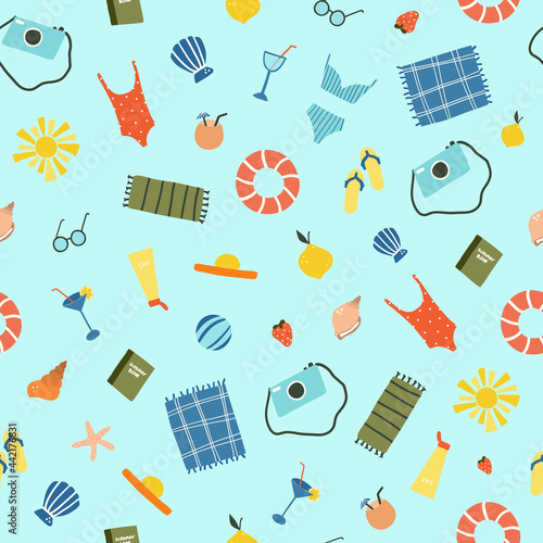 Seamless pattern with beach summer holiday items swimsuit, hat, beach mat, photo camera, book and slates, lifebuoy. Summer icons vector illustration in flat hand drawn doodle style