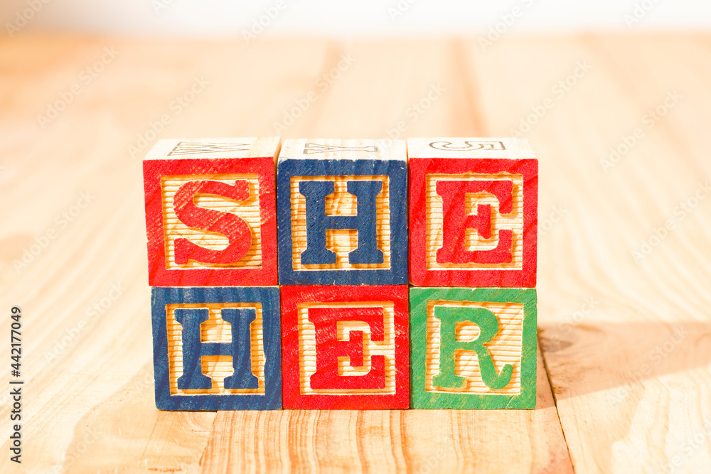 Spectacular wooden cubes with the word SHE HER on a wooden surface. - obrazy, fototapety, plakaty 