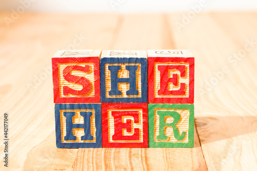 Spectacular wooden cubes with the word SHE HER on a wooden surface. photo