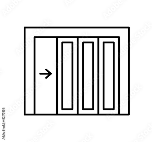 Side sliding sectional garage door. Black & white vector illustration. Line icon of warehouse gate. Symbol for exterior design. Isolated object