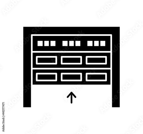 Sectional garage door. Black & white vector illustration. Flat icon of warehouse gate. Sign for exterior design. Isolated object