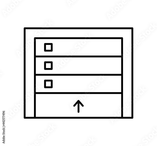 Sectional garage door. Black & white vector illustration. Line icon of warehouse gate. Symbol for exterior design. Isolated object