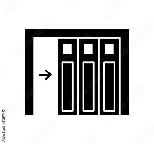 Side sliding sectional garage door. Black & white vector illustration. Flat icon of warehouse gate. Symbol for exterior design. Isolated object